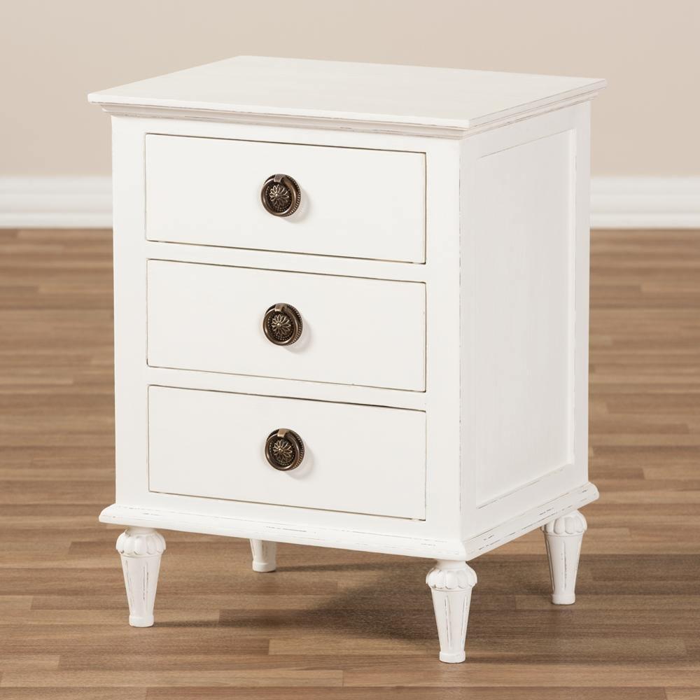 Venezia French-Inspired Rustic Whitewash Wood 3-Drawer Nightstand FredCo