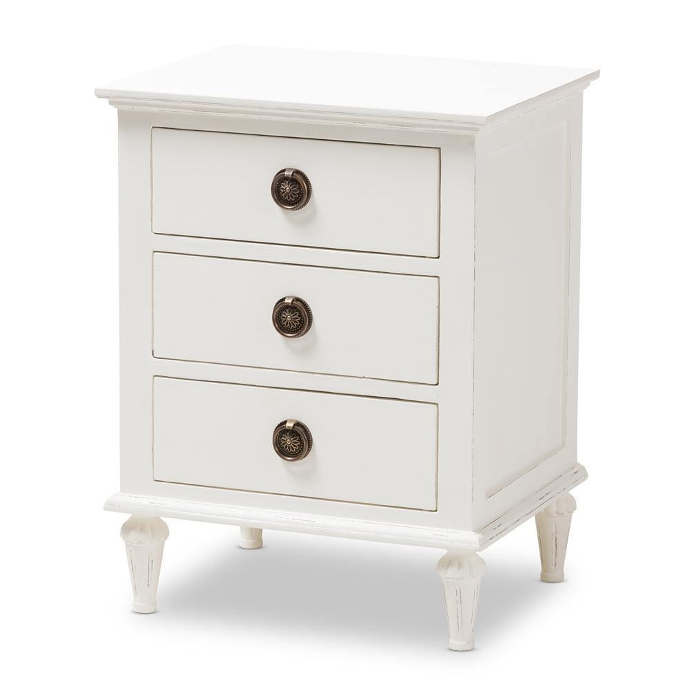 Venezia French-Inspired Rustic Whitewash Wood 3-Drawer Nightstand FredCo