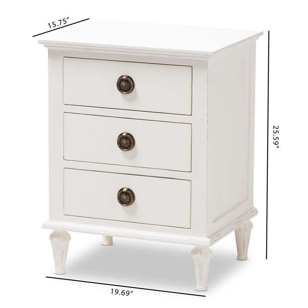 Venezia French-Inspired Rustic Whitewash Wood 3-Drawer Nightstand FredCo