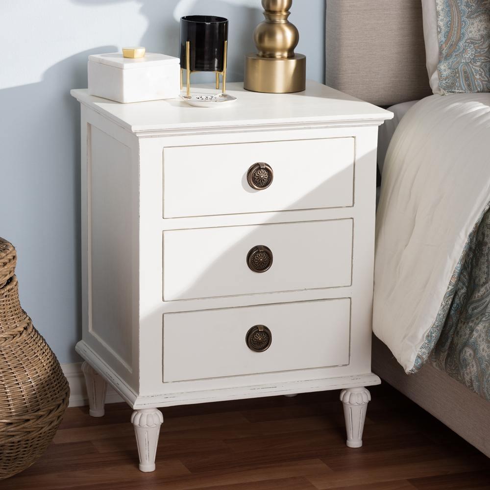 Venezia French-Inspired Rustic Whitewash Wood 3-Drawer Nightstand FredCo