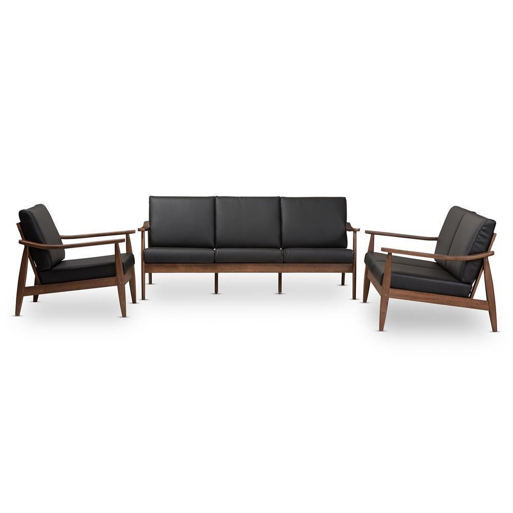 Venza Mid-Century Modern Walnut Wood Black Faux Leather 3-Piece Livingroom Set FredCo