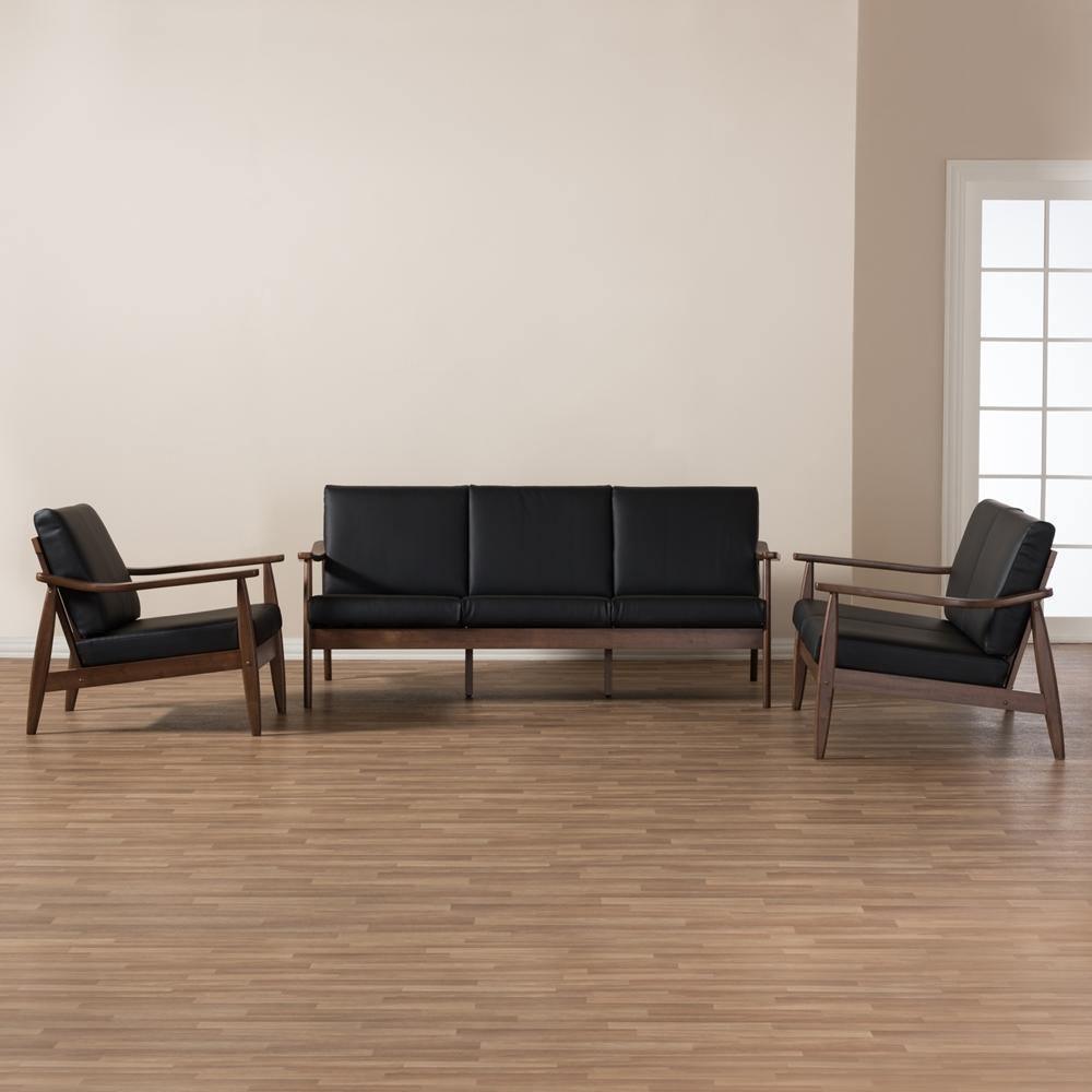 Venza Mid-Century Modern Walnut Wood Black Faux Leather 3-Piece Livingroom Set FredCo