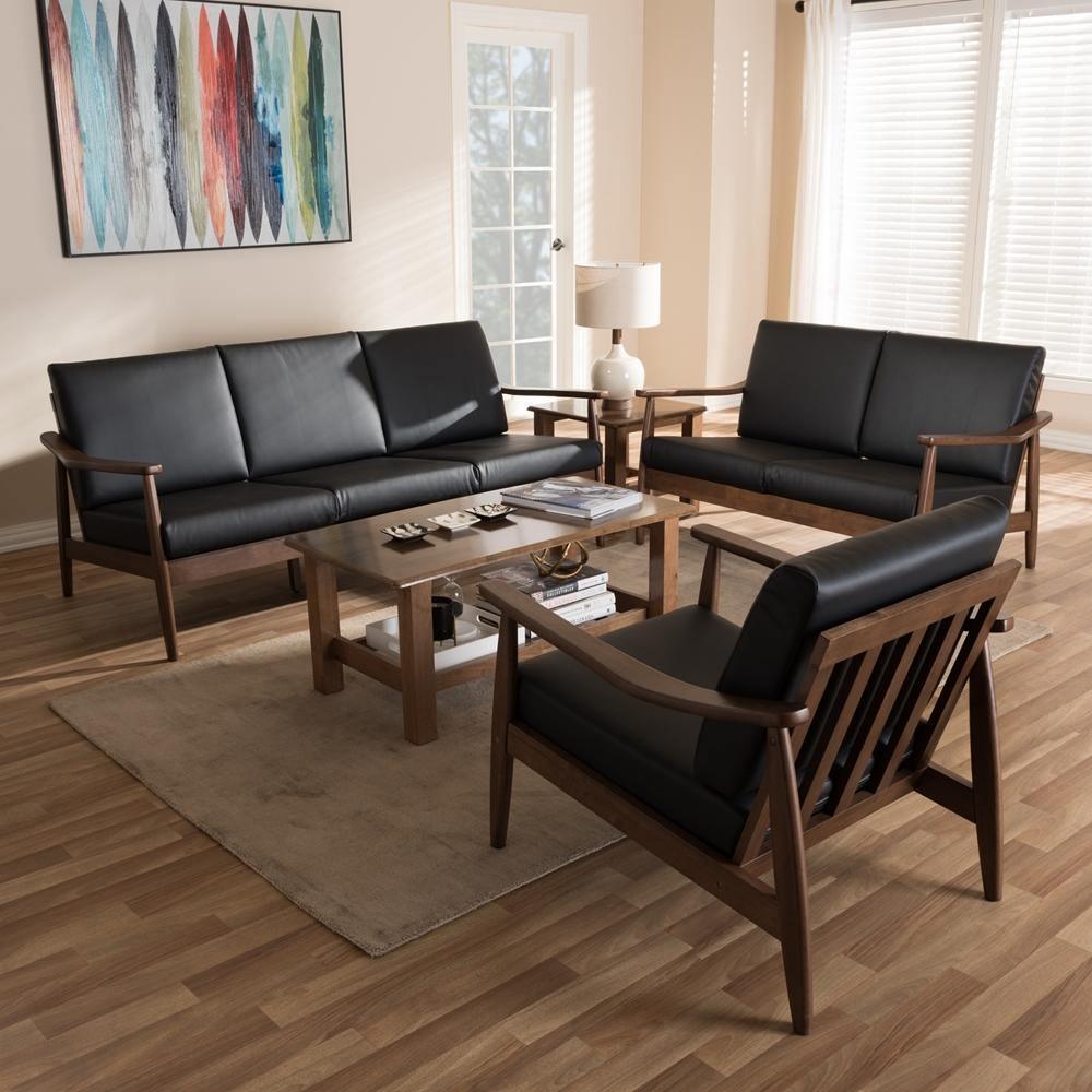 Venza Mid-Century Modern Walnut Wood Black Faux Leather 3-Piece Livingroom Set FredCo