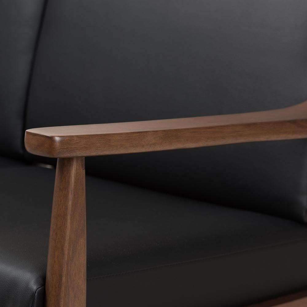 Venza Mid-Century Modern Walnut Wood Black Faux Leather 3-Piece Livingroom Set FredCo