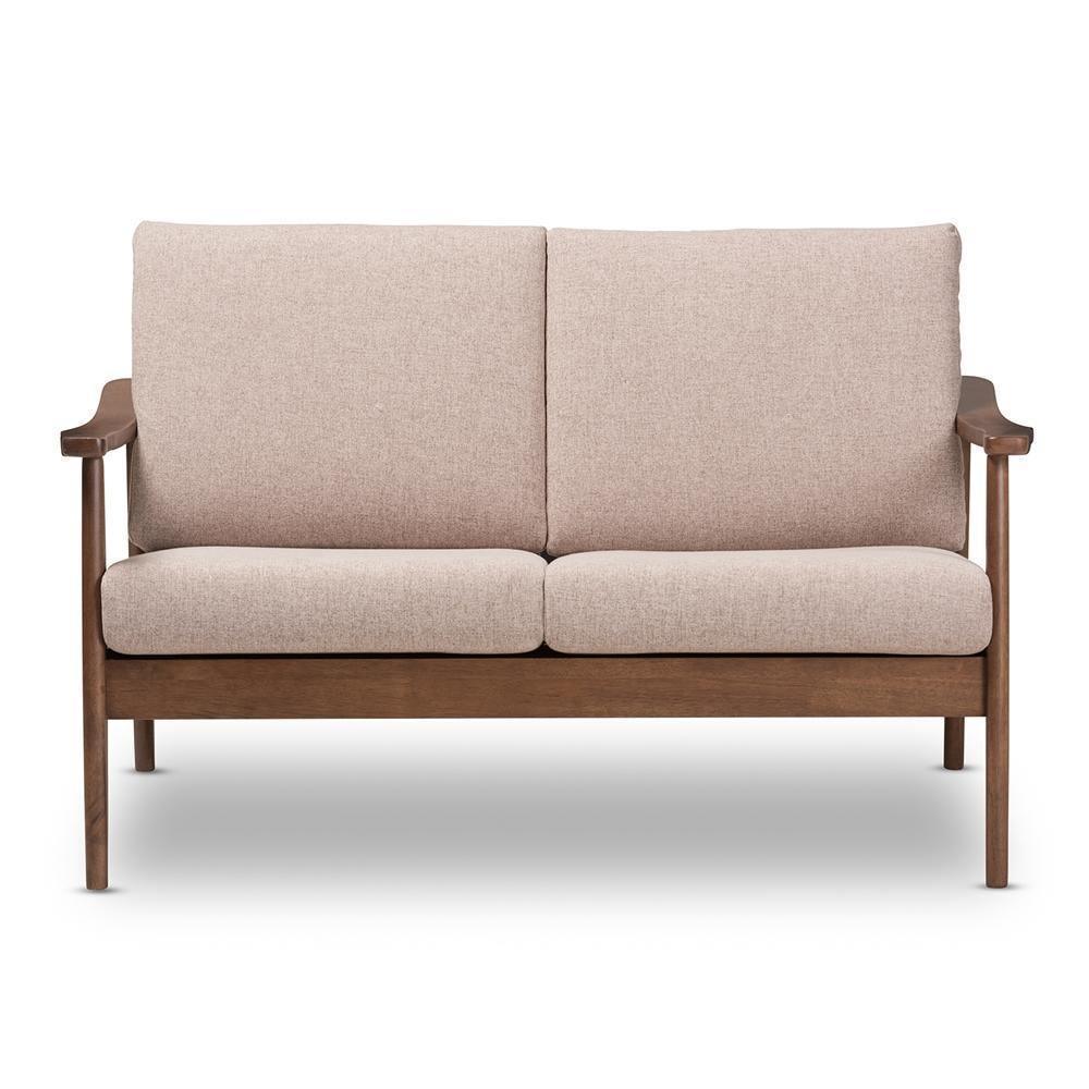 Venza Mid-Century Modern Walnut Wood Light Brown Fabric Upholstered 2-Seater Loveseat FredCo