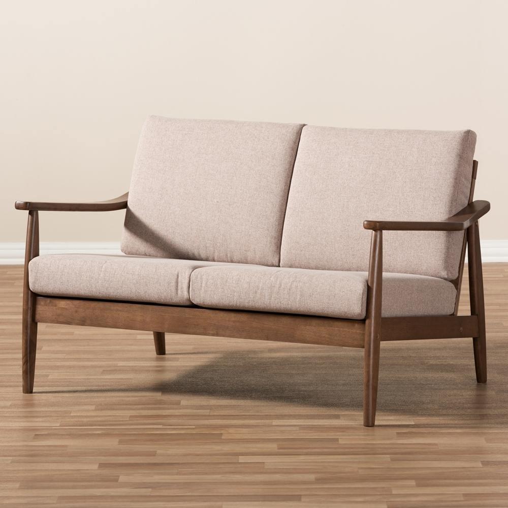 Venza Mid-Century Modern Walnut Wood Light Brown Fabric Upholstered 2-Seater Loveseat FredCo