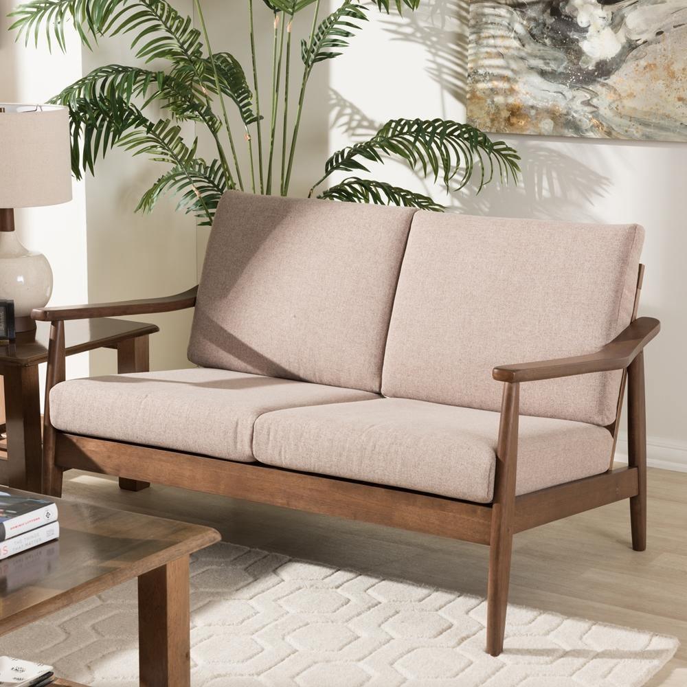 Venza Mid-Century Modern Walnut Wood Light Brown Fabric Upholstered 2-Seater Loveseat FredCo