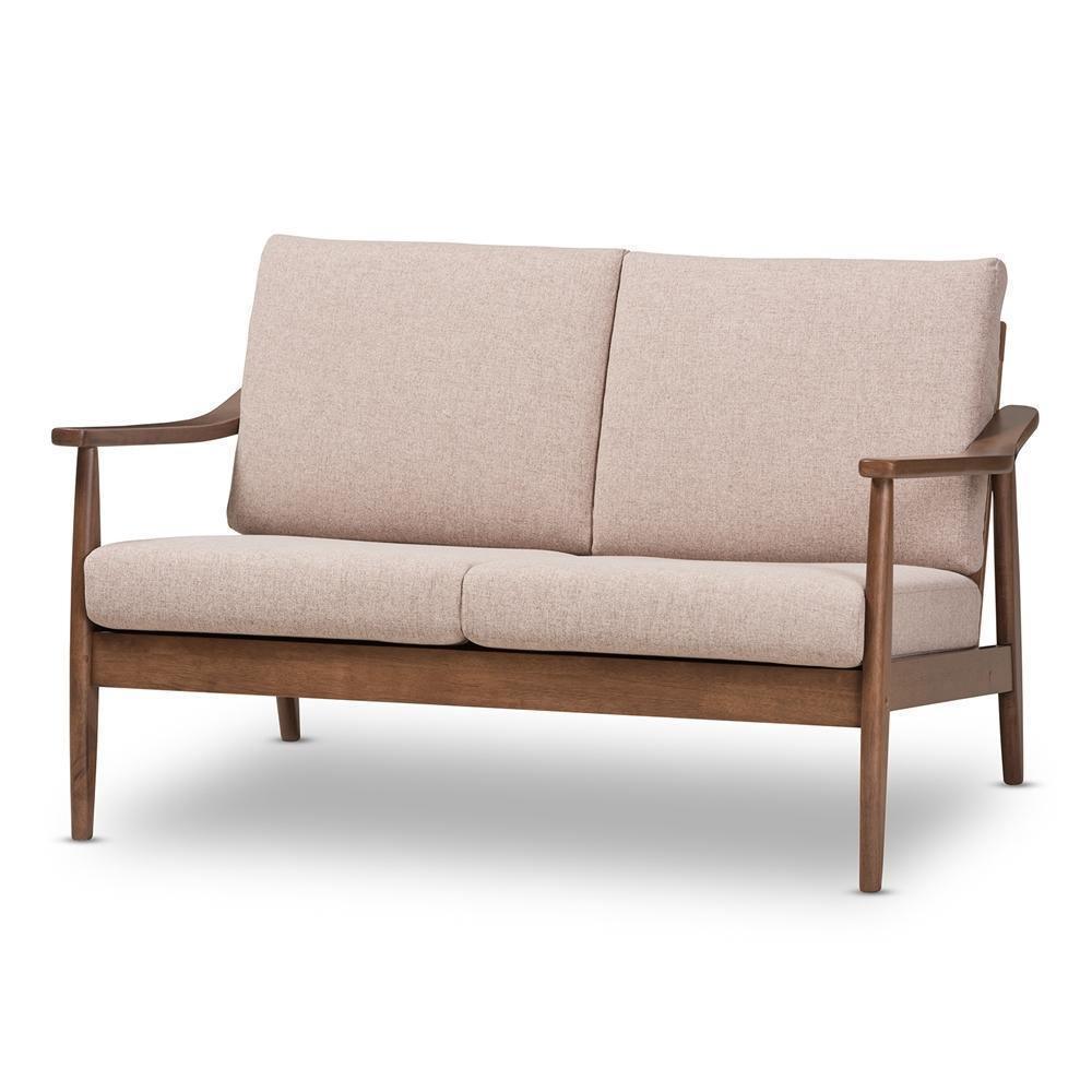 Venza Mid-Century Modern Walnut Wood Light Brown Fabric Upholstered 2-Seater Loveseat FredCo