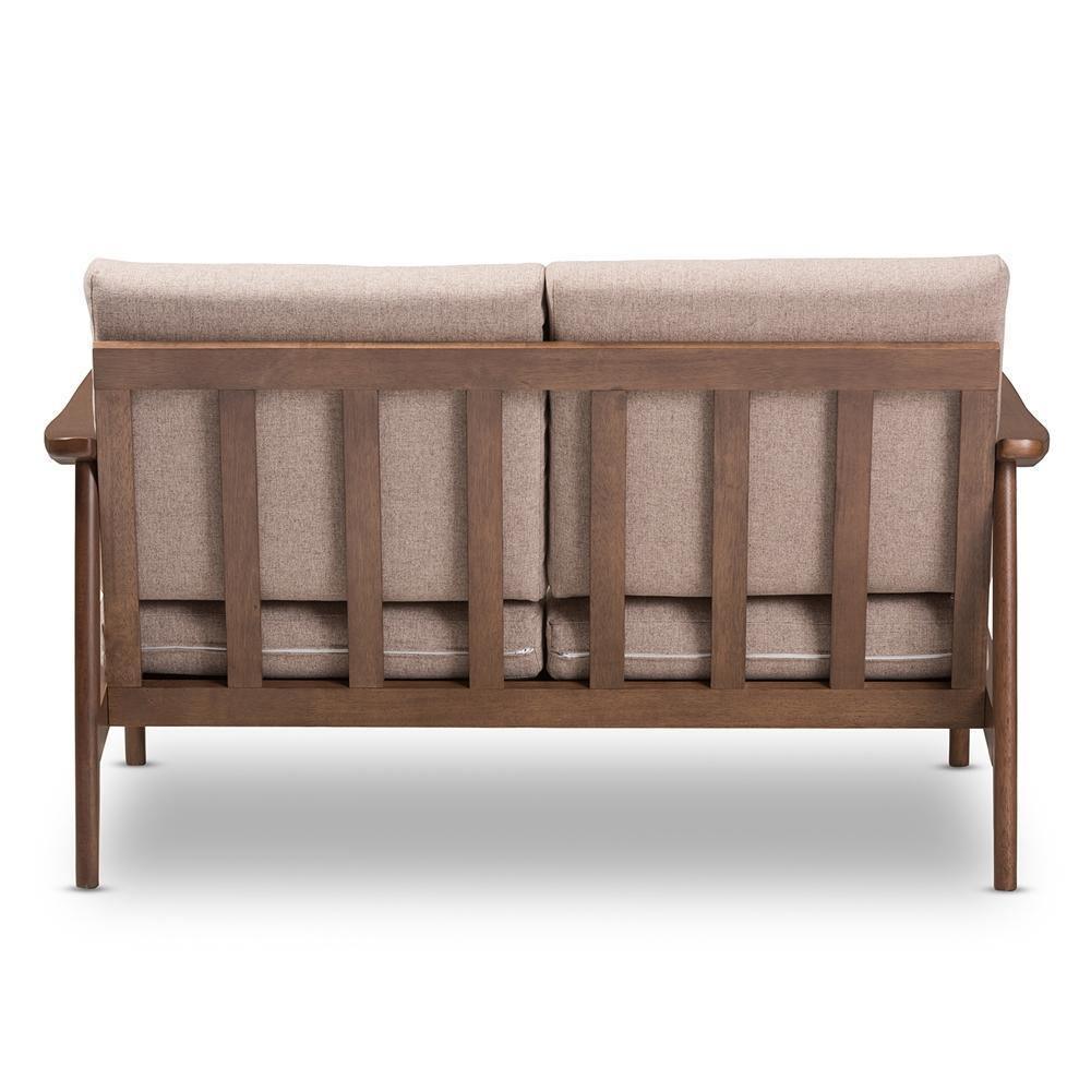 Venza Mid-Century Modern Walnut Wood Light Brown Fabric Upholstered 2-Seater Loveseat FredCo