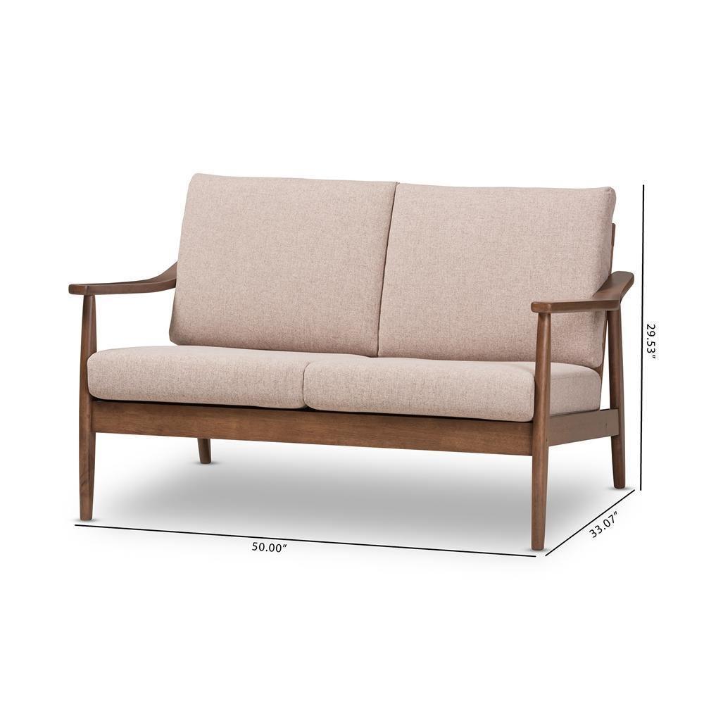 Venza Mid-Century Modern Walnut Wood Light Brown Fabric Upholstered 2-Seater Loveseat FredCo