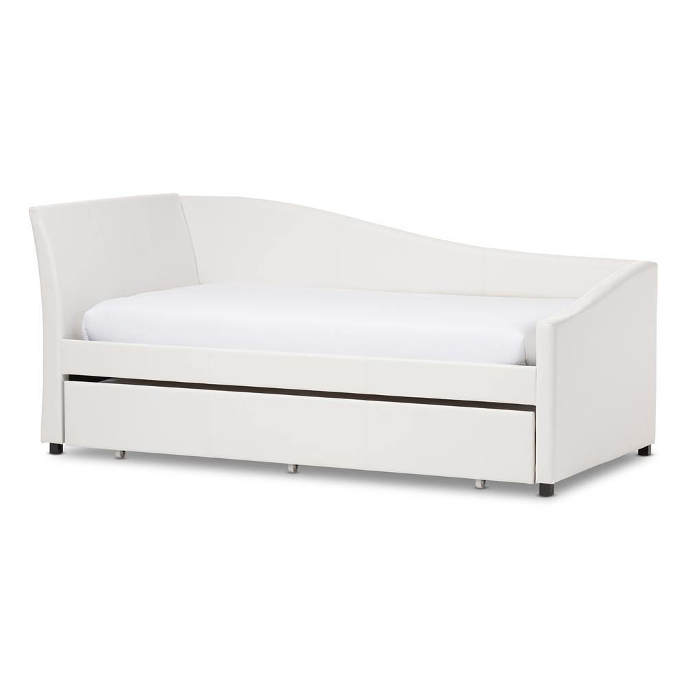 Vera Modern and Contemporary White Faux Leather Upholstered Curved Sofa Twin Daybed with Roll-Out Trundle Guest Bed FredCo