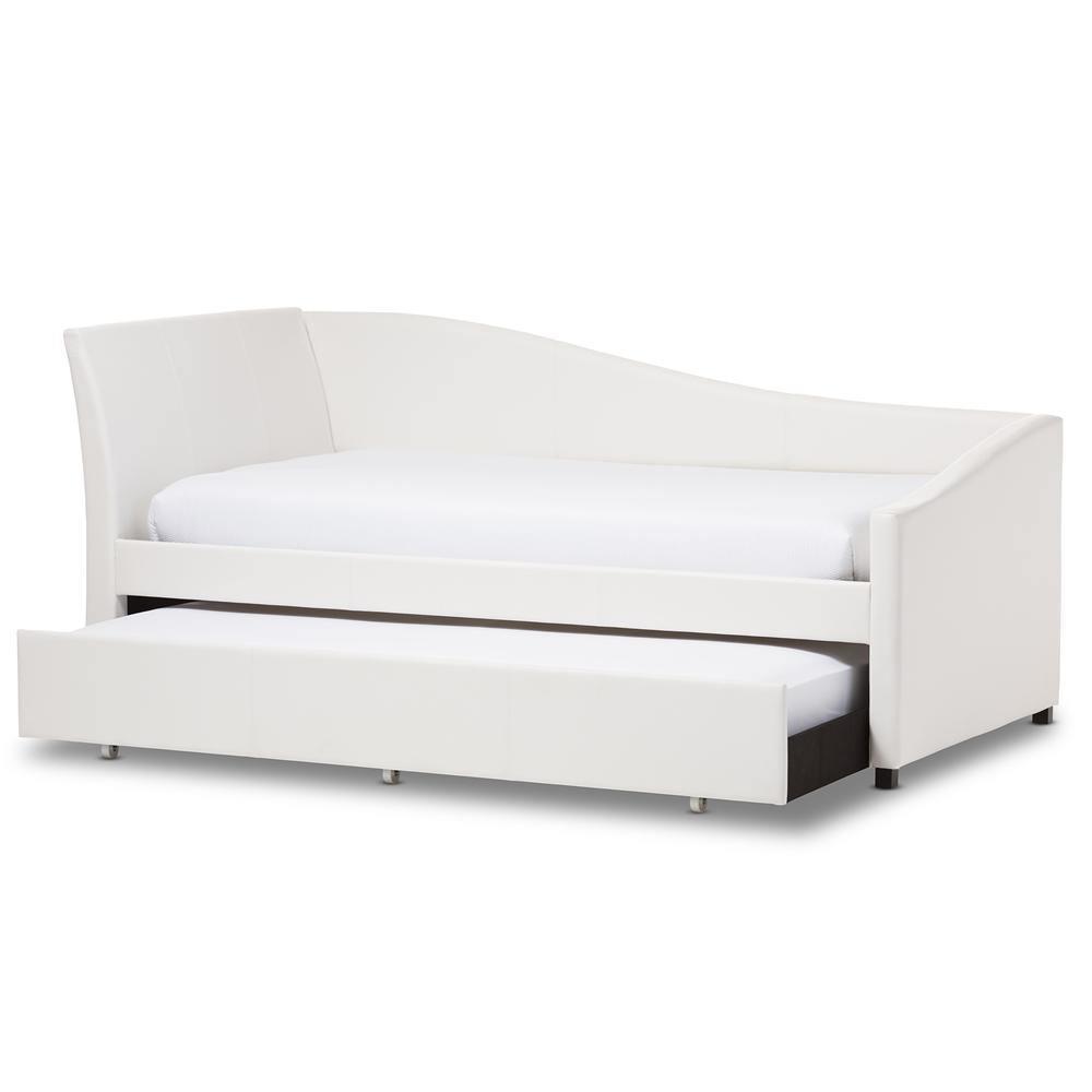 Vera Modern and Contemporary White Faux Leather Upholstered Curved Sofa Twin Daybed with Roll-Out Trundle Guest Bed FredCo