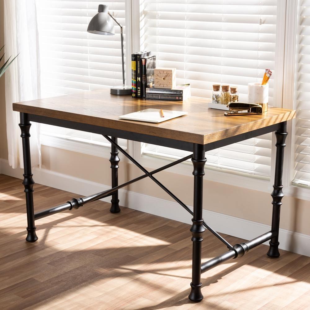 Verdin Vintage Rustic Industrial Style Wood and Dark Bronze-finished Criss Cross Desk FredCo