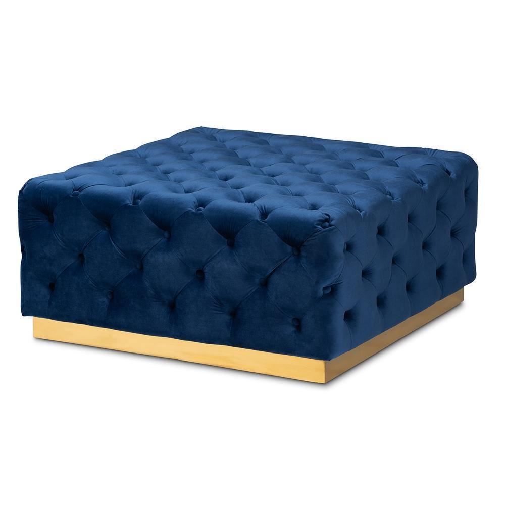 Verene Glam and Luxe Royal Blue Velvet Fabric Upholstered Gold Finished Square Cocktail Ottoman FredCo
