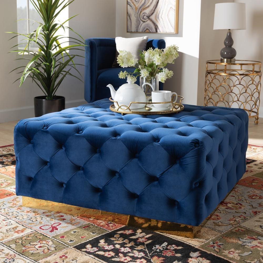 Verene Glam and Luxe Royal Blue Velvet Fabric Upholstered Gold Finished Square Cocktail Ottoman FredCo