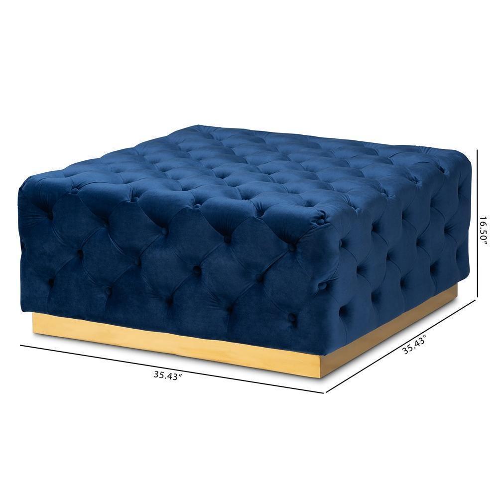 Verene Glam and Luxe Royal Blue Velvet Fabric Upholstered Gold Finished Square Cocktail Ottoman FredCo