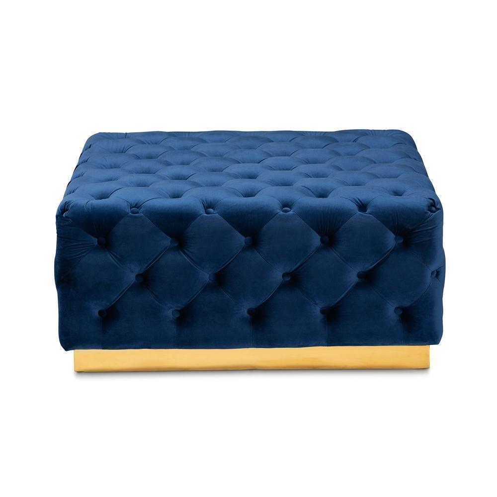 Verene Glam and Luxe Royal Blue Velvet Fabric Upholstered Gold Finished Square Cocktail Ottoman FredCo