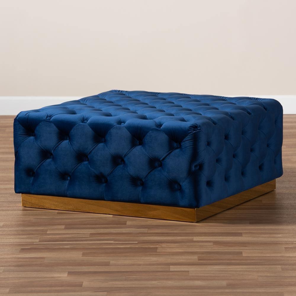 Verene Glam and Luxe Royal Blue Velvet Fabric Upholstered Gold Finished Square Cocktail Ottoman FredCo