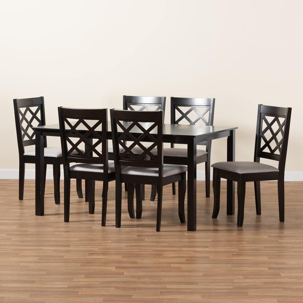 Verner Modern and Contemporary Grey Fabric Upholstered and Dark Brown Finished Wood 7-Piece Dining Set FredCo