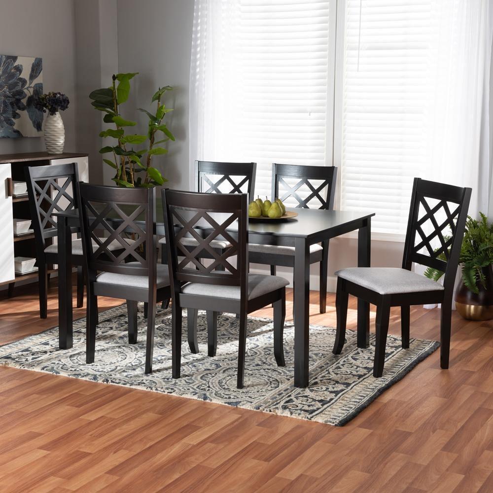 Verner Modern and Contemporary Grey Fabric Upholstered and Dark Brown Finished Wood 7-Piece Dining Set FredCo