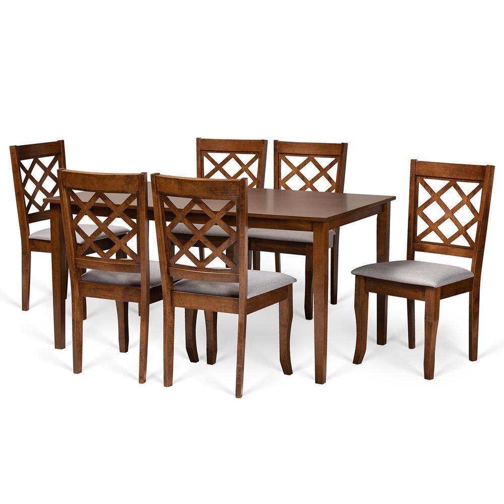 Verner Modern and Contemporary Grey Fabric Upholstered and Walnut Brown Finished Wood 7-Piece Dining Set FredCo
