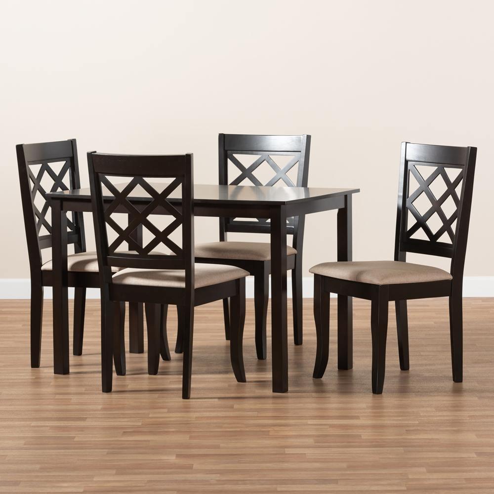 Verner Modern and Contemporary Sand Fabric Upholstered Espresso Brown Finished 5-Piece Wood Dining Set FredCo