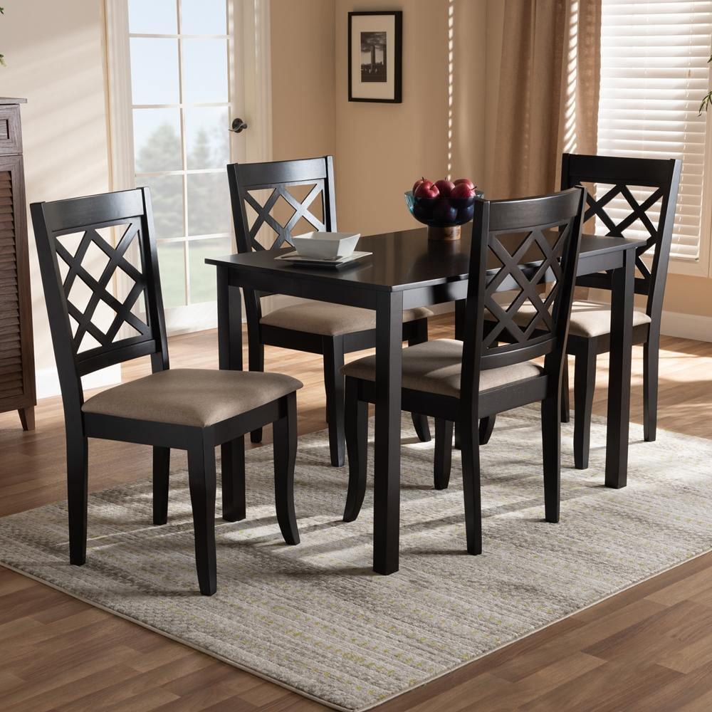 Verner Modern and Contemporary Sand Fabric Upholstered Espresso Brown Finished 5-Piece Wood Dining Set FredCo
