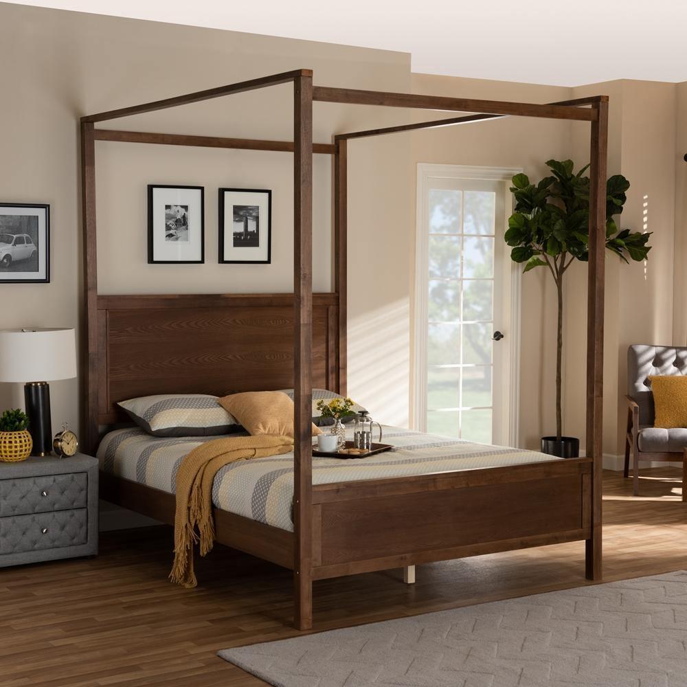 Veronica Modern and Contemporary Walnut Brown Finished Wood Queen Size Platform Canopy Bed FredCo