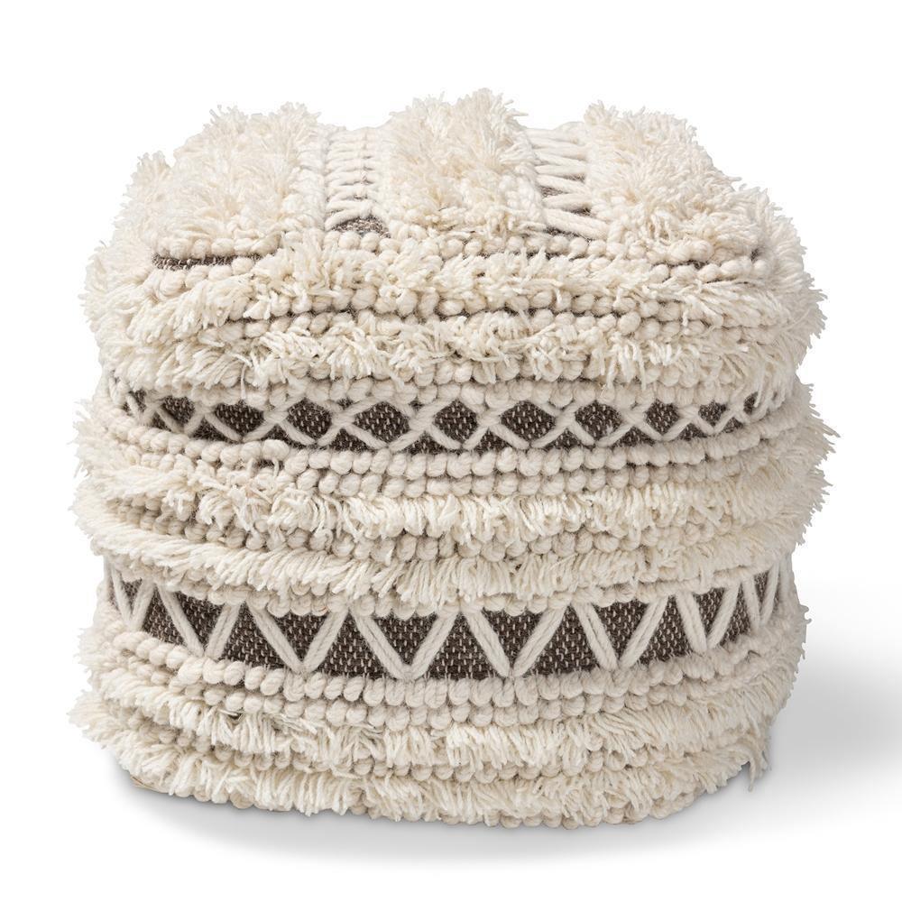 Vesey Moroccan Inspired Beige and Brown Handwoven Wool Pouf Ottoman FredCo