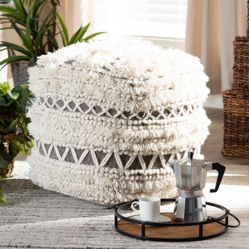 Vesey Moroccan Inspired Beige and Brown Handwoven Wool Pouf Ottoman FredCo