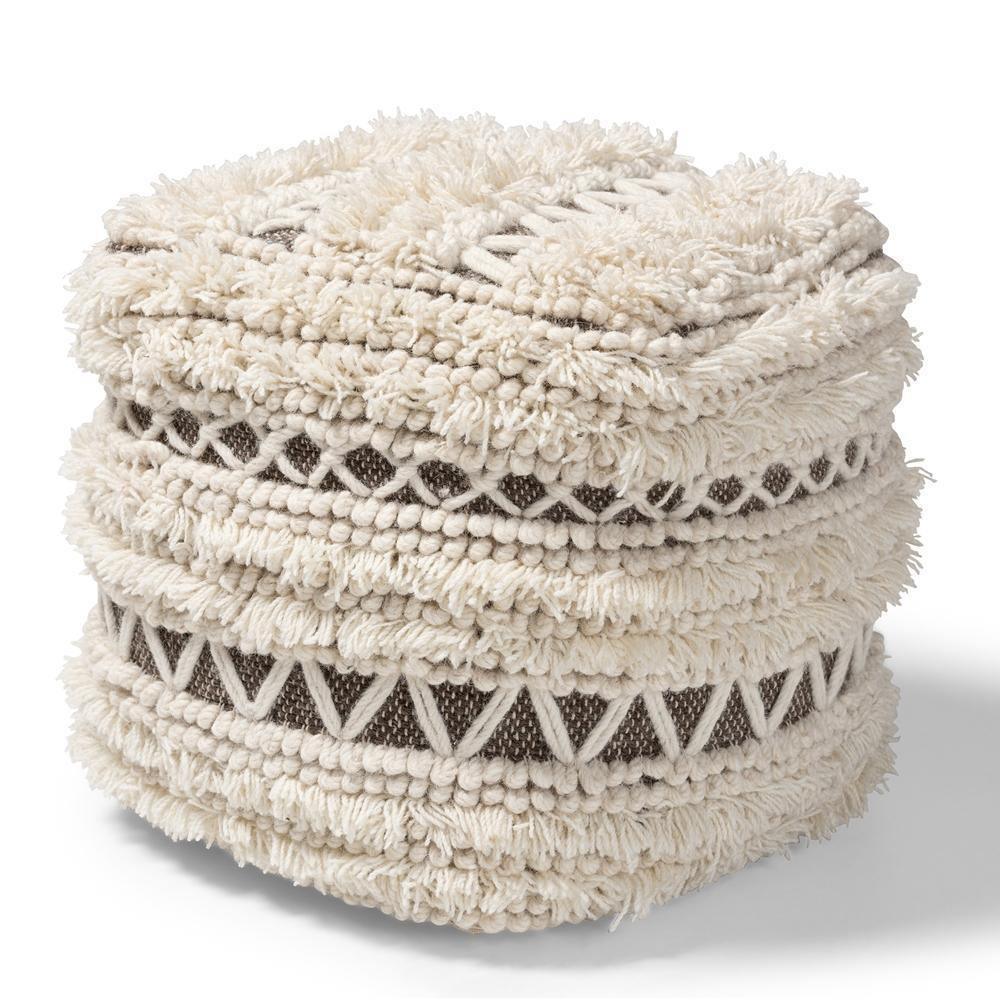 Vesey Moroccan Inspired Beige and Brown Handwoven Wool Pouf Ottoman FredCo