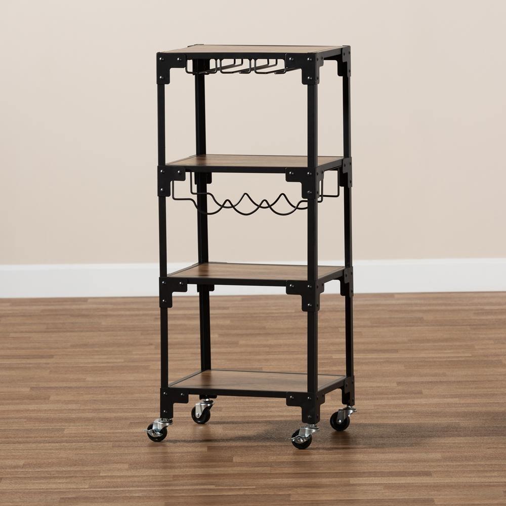 Victor Industrial Rustic Walnut Finished Wood and Black Metal 4-Tier Mobile Wine Cart FredCo