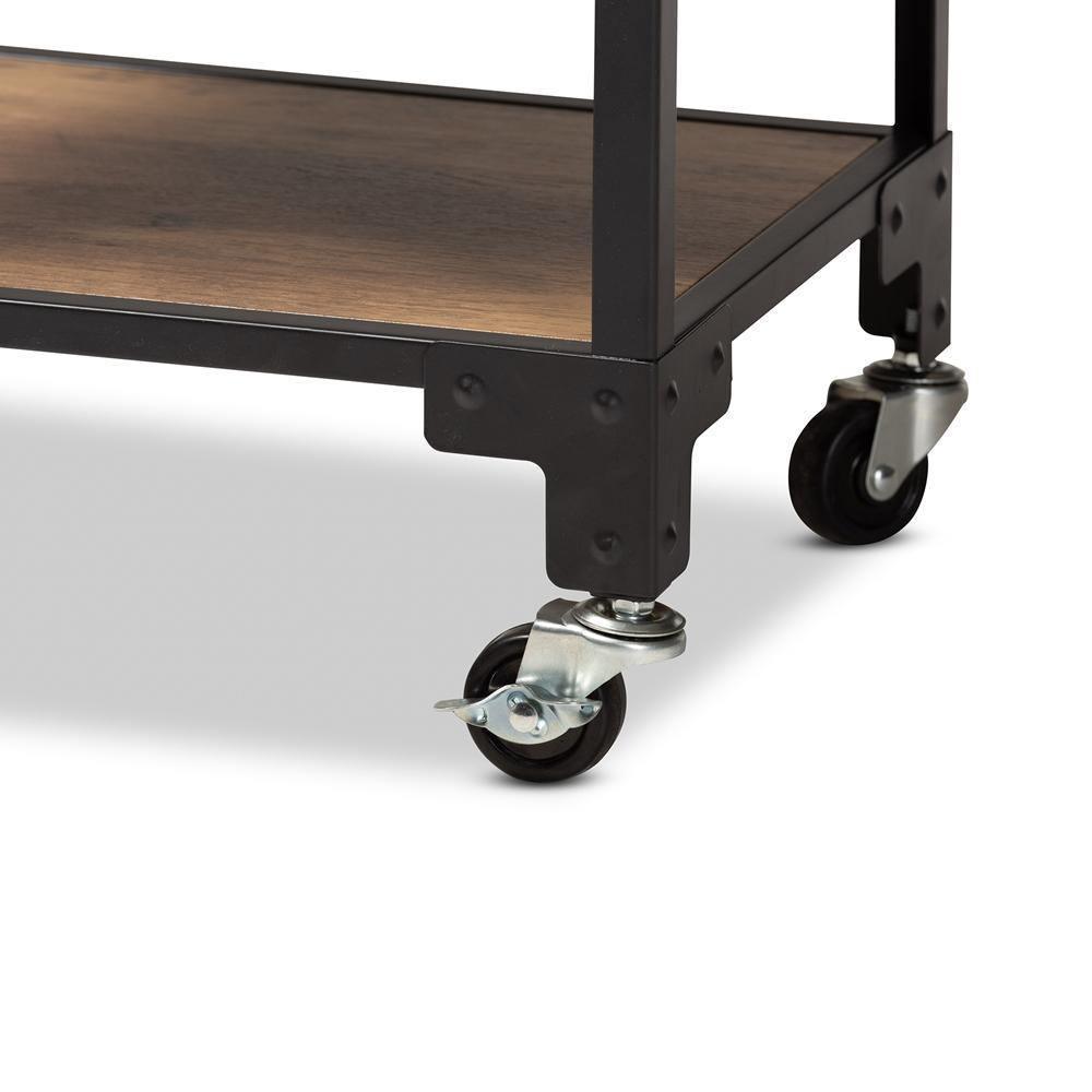 Victor Industrial Rustic Walnut Finished Wood and Black Metal 4-Tier Mobile Wine Cart FredCo