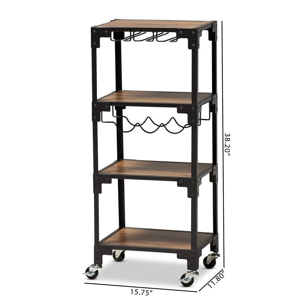 Victor Industrial Rustic Walnut Finished Wood and Black Metal 4-Tier Mobile Wine Cart FredCo