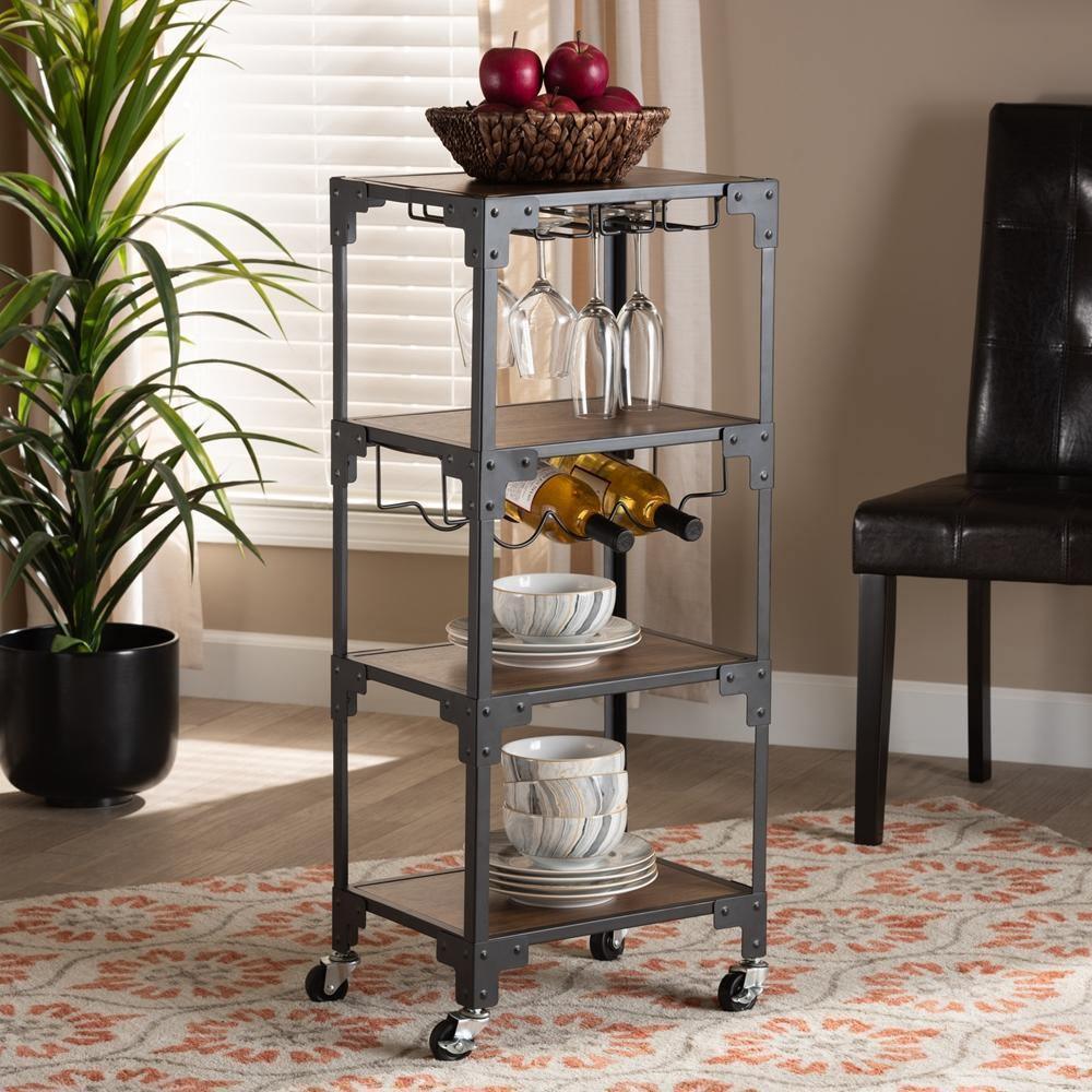 Victor Industrial Rustic Walnut Finished Wood and Black Metal 4-Tier Mobile Wine Cart FredCo