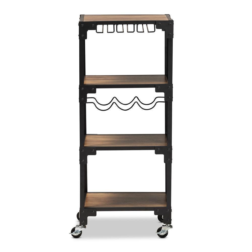 Victor Industrial Rustic Walnut Finished Wood and Black Metal 4-Tier Mobile Wine Cart FredCo