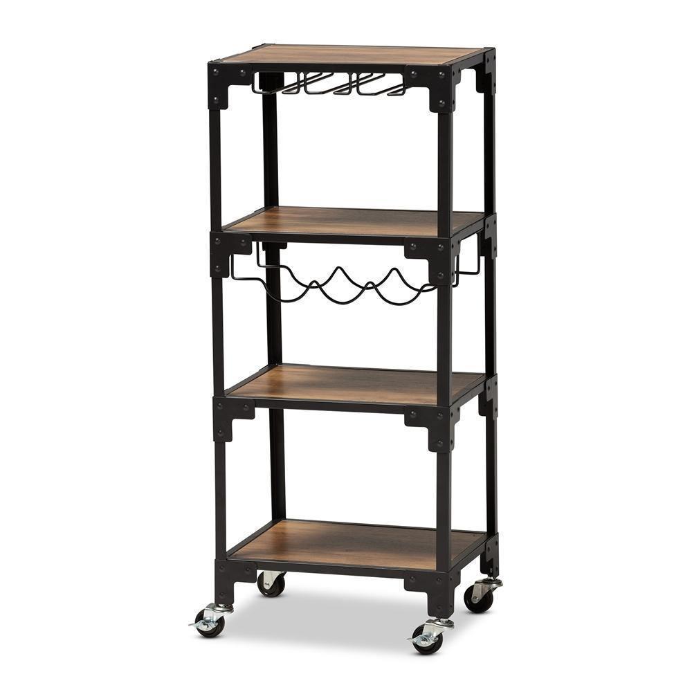 Victor Industrial Rustic Walnut Finished Wood and Black Metal 4-Tier Mobile Wine Cart FredCo