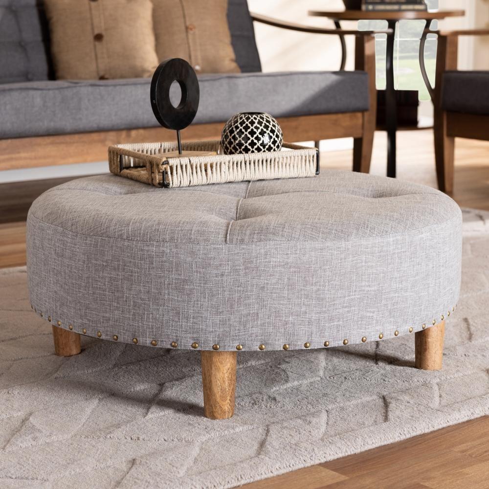 Vinet Modern and Contemporary Light Gray Fabric Upholstered Natural Wood Cocktail Ottoman FredCo