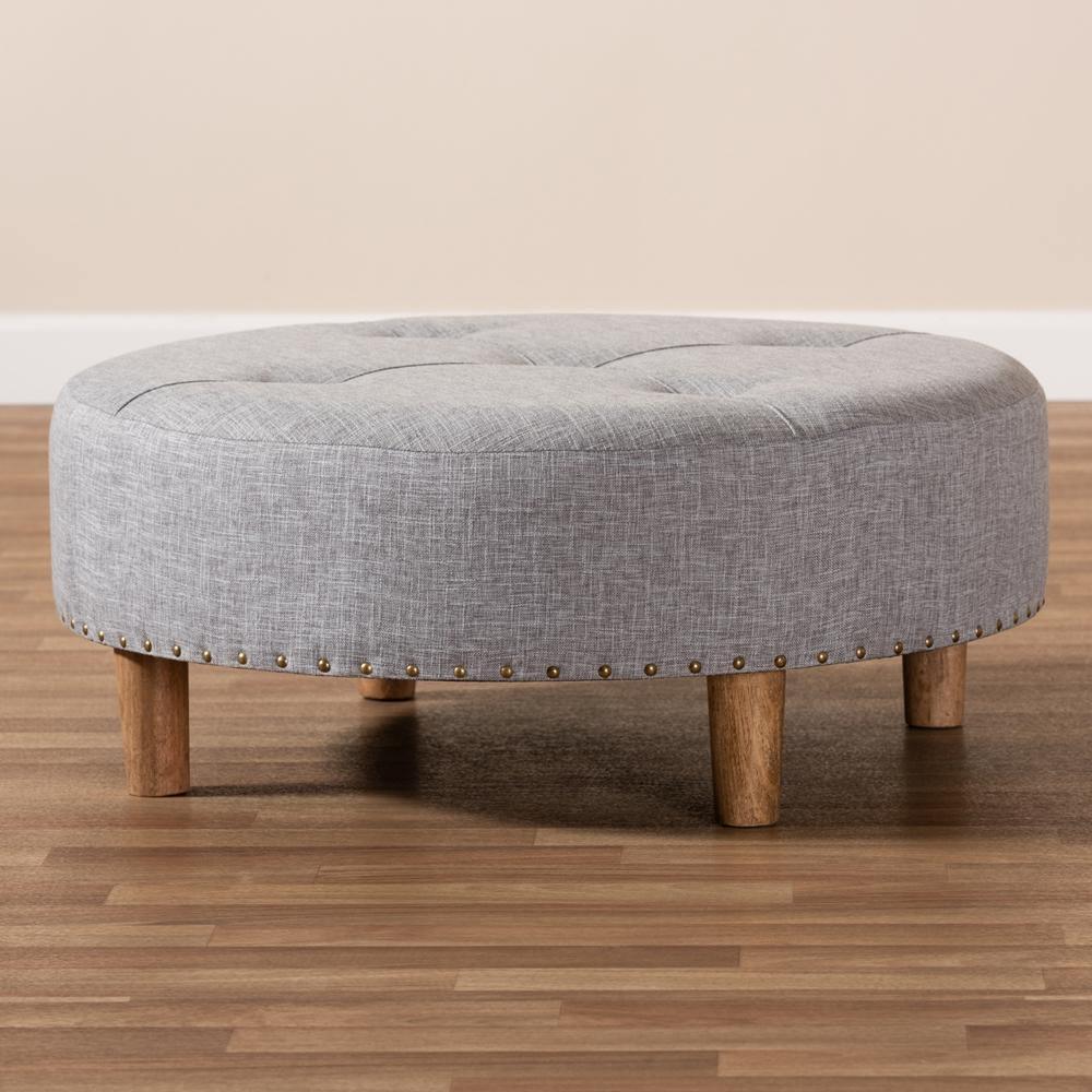 Vinet Modern and Contemporary Light Gray Fabric Upholstered Natural Wood Cocktail Ottoman FredCo