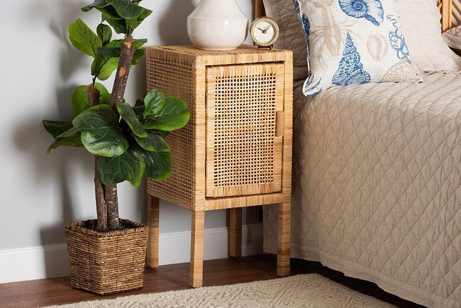 Vivan Modern Bohemian Natural Brown Rattan 1-Door Nightstand FredCo