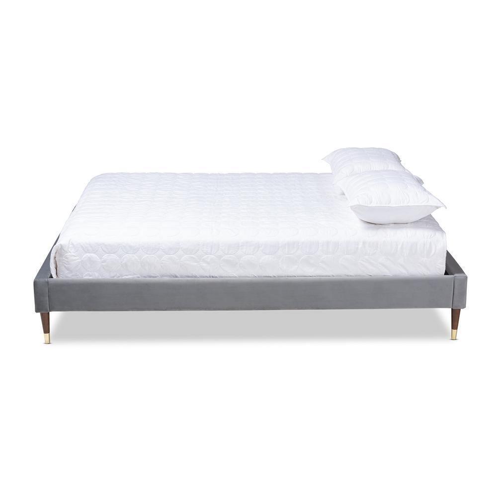 Volden Glam and Luxe Charcoal Velvet Fabric Upholstered Queen Size Wood Platform Bed Frame with Gold-Tone Leg Tips FredCo