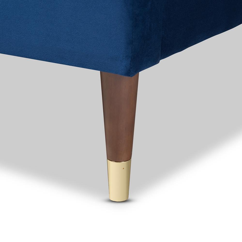Volden Glam and Luxe Navy Blue Velvet Fabric Upholstered Queen Size Wood Platform Bed Frame with Gold-Tone Leg Tips FredCo
