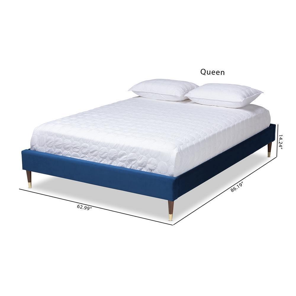 Volden Glam and Luxe Navy Blue Velvet Fabric Upholstered Queen Size Wood Platform Bed Frame with Gold-Tone Leg Tips FredCo