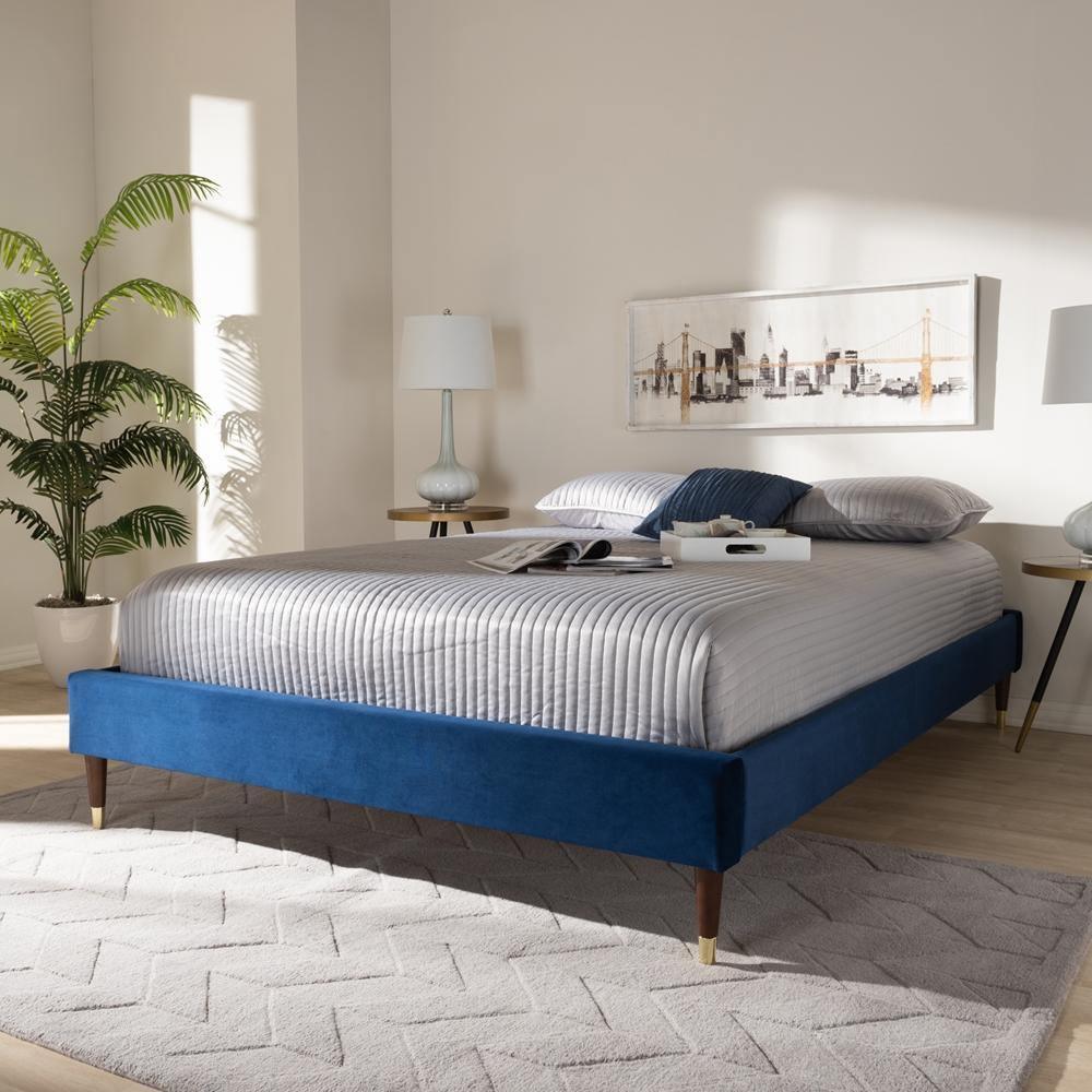 Volden Glam and Luxe Navy Blue Velvet Fabric Upholstered Queen Size Wood Platform Bed Frame with Gold-Tone Leg Tips FredCo