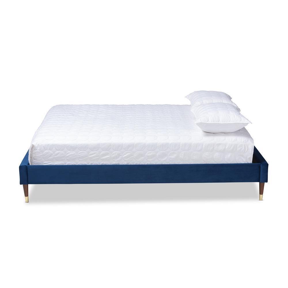 Volden Glam and Luxe Navy Blue Velvet Fabric Upholstered Queen Size Wood Platform Bed Frame with Gold-Tone Leg Tips FredCo