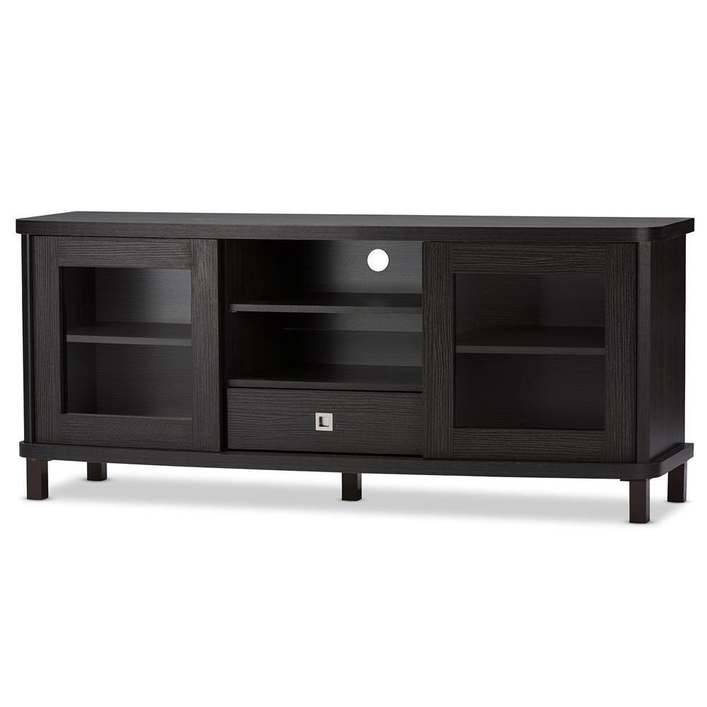 Walda 60-Inch Greyish Dark Brown Wood TV Cabinet with 2 Sliding Doors and 1 Drawer FredCo