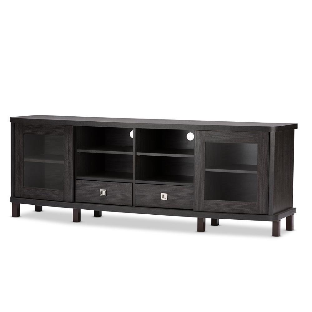 Walda 70-Inch Greyish Dark Brown Wood TV Cabinet with 2 Sliding Doors and 2 Drawers FredCo