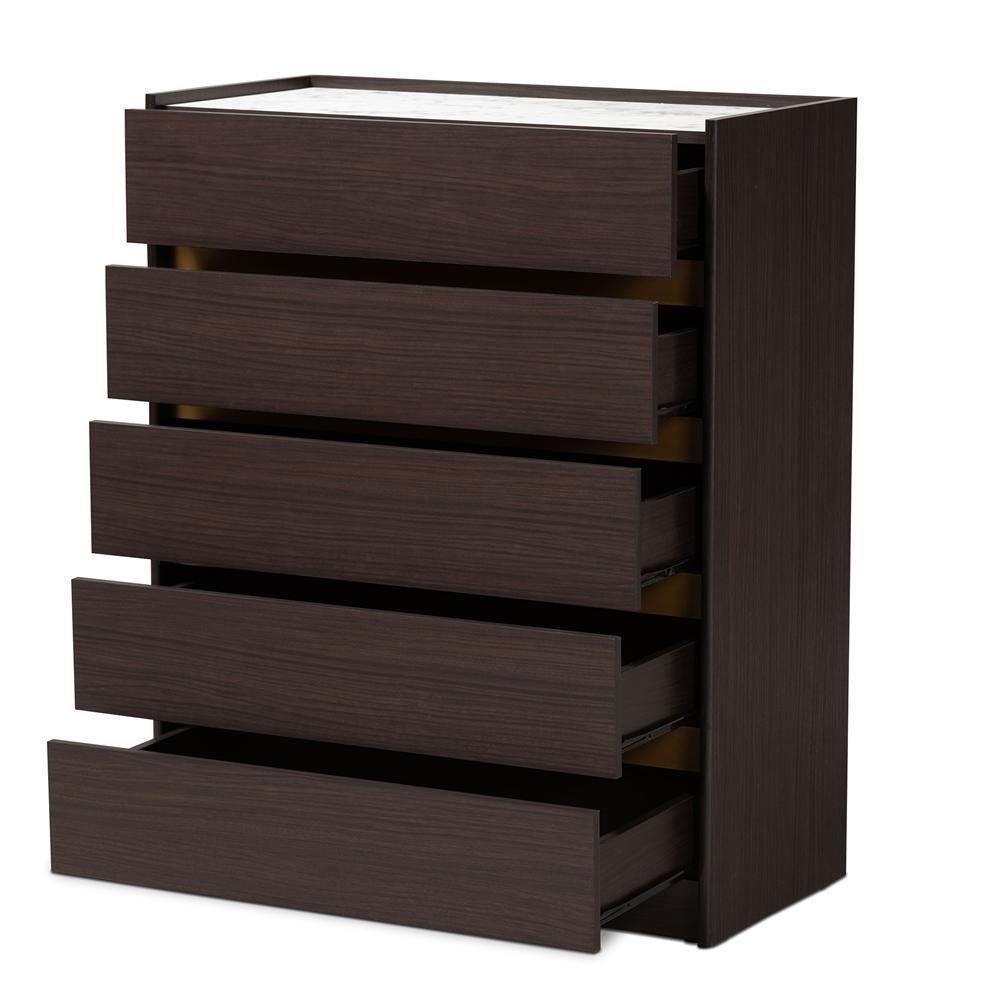 Walker Modern and Contemporary Dark Brown and Gold Finished Wood 5-Drawer Chest with Faux Marble Top FredCo