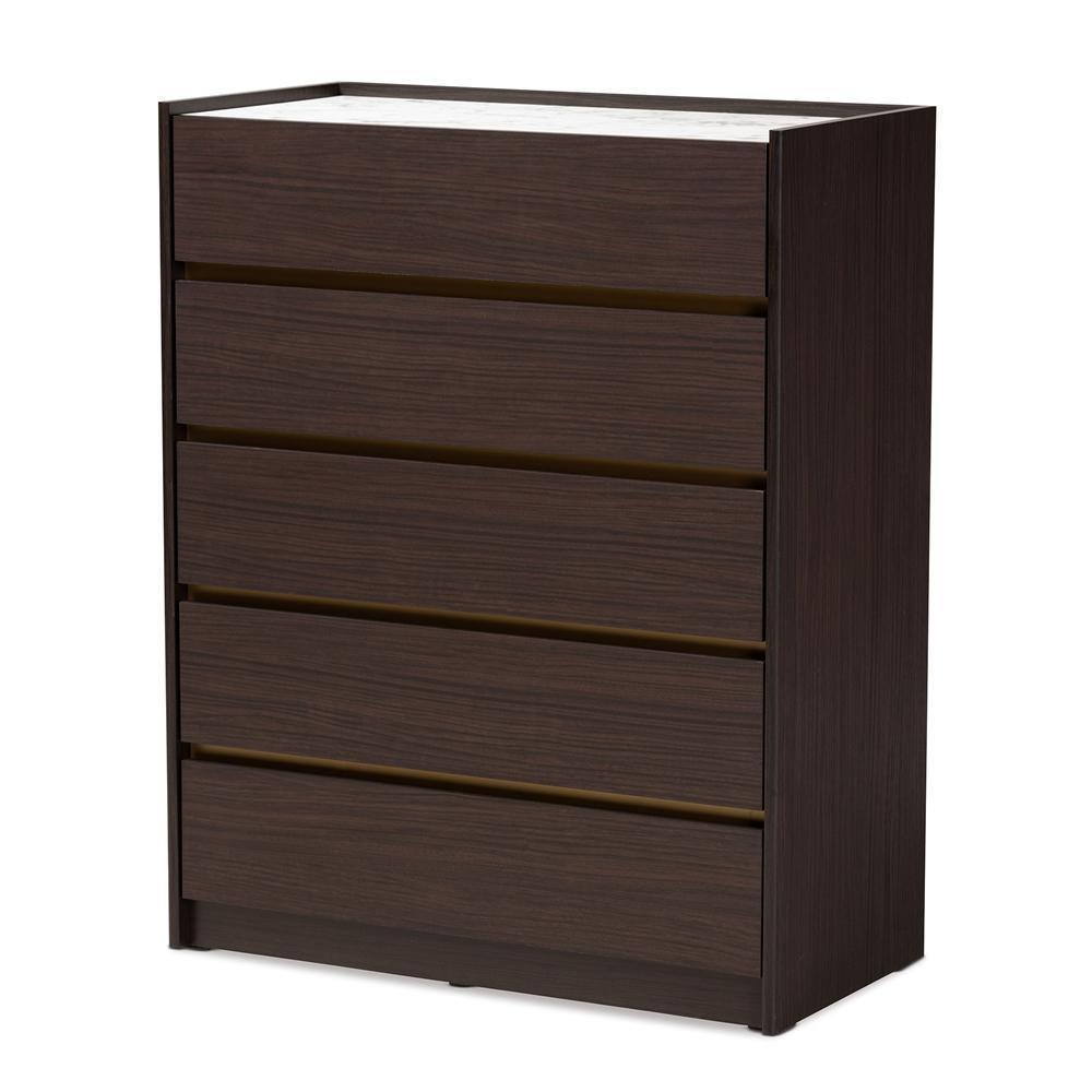 Walker Modern and Contemporary Dark Brown and Gold Finished Wood 5-Drawer Chest with Faux Marble Top FredCo
