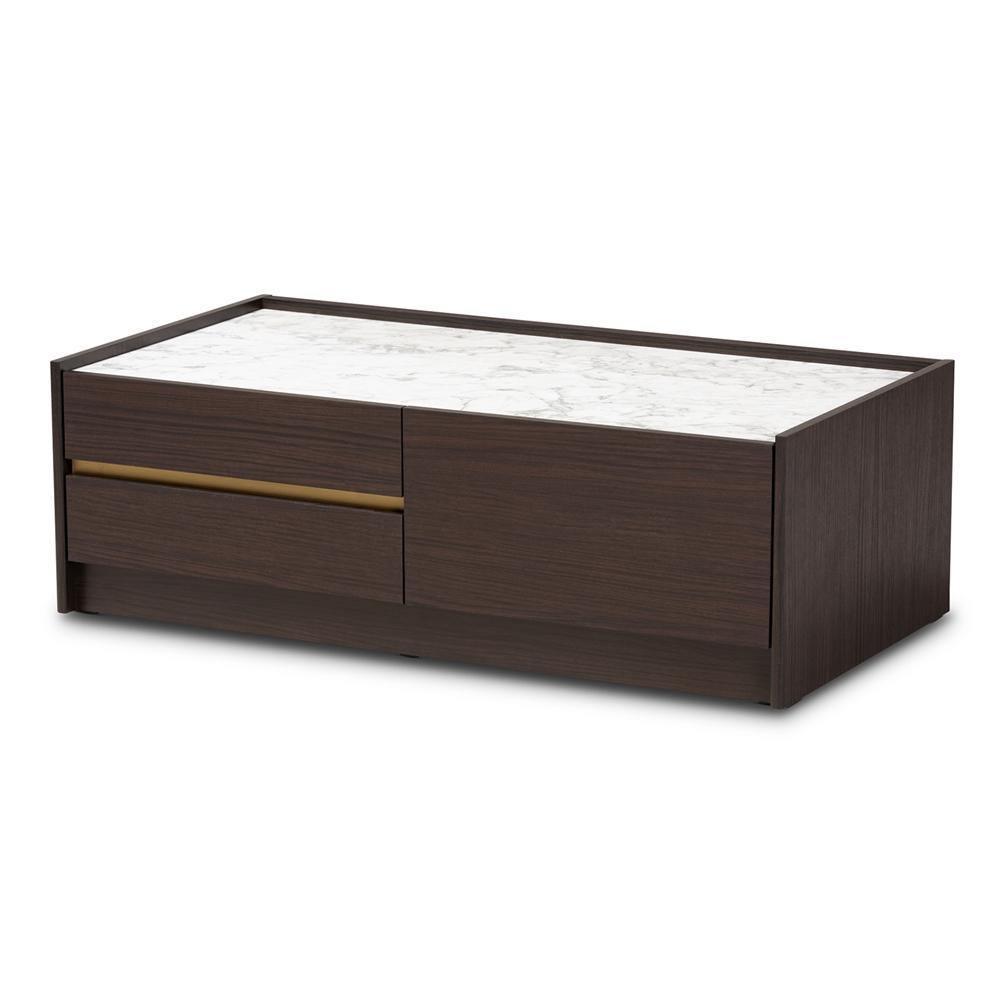 Walker Modern and Contemporary Dark Brown and Gold Finished Wood Coffee Table with Faux Marble Top FredCo
